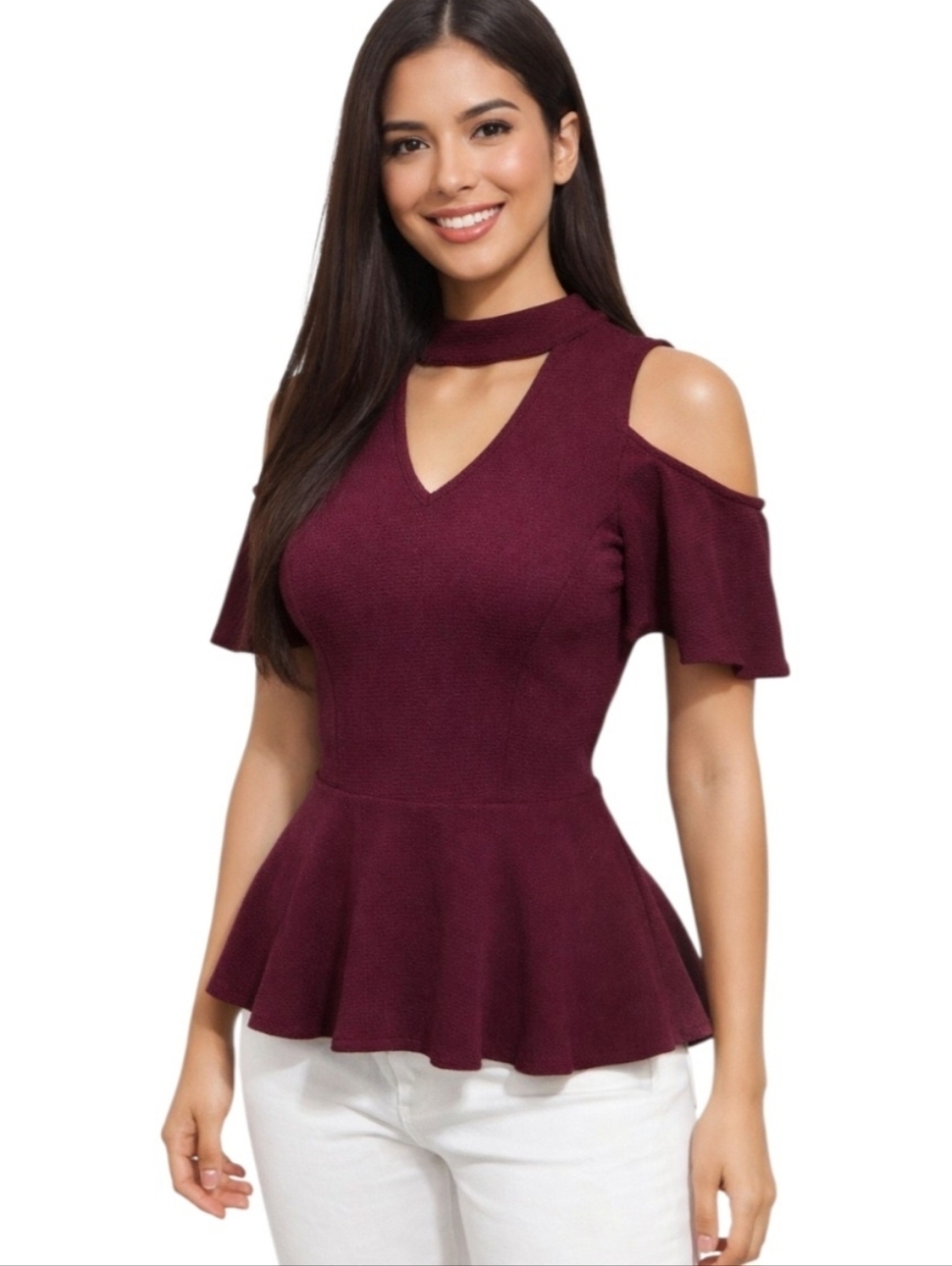 BCX Burgundy Cold Shoulder Blouse. Size XS.